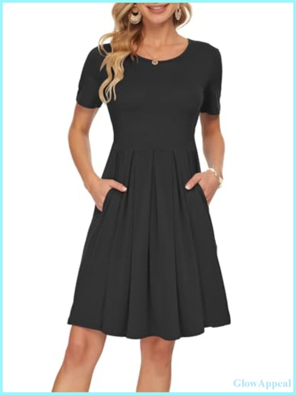 Womens Short Sleeve Pleated Swing Knee-Length Summer Dress with Pockets